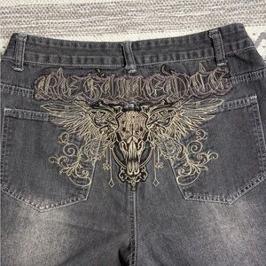 ROMWE Y2K Inspired Grunge Skull Wing Embroidered Wide Leg Jeans Size L